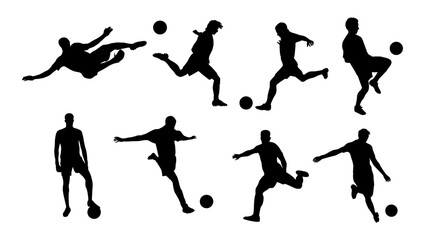 Set of Soccer players, group of football players silhouettes with ball in action. Isolated black vector illustration on white background. People playing sport game icons. Professional sportsmen.