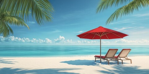 Tropical Beach Relaxation with Red Umbrella