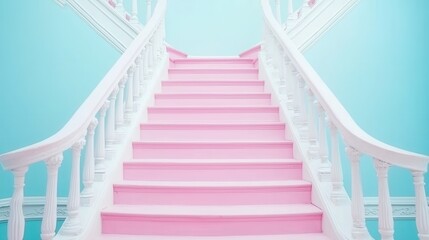 Elegant Pink Staircase with White Railing Against Light Blue Wall