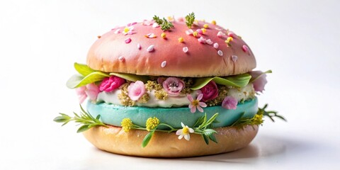A whimsical confection resembling a burger, adorned with pastel-colored frosting, delicate blossoms, and verdant sprigs, creating an edible work of art