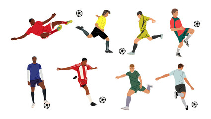 Set of Soccer players, group of football players with ball in action. Cartoon isolated vector illustration isolated on white background. People playing sport game. Professional sportsmen.