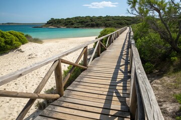 Fototapeta premium wooden footbridge at beach exemplifies balance between human construction and natural surroundings, showcasing how these structures provide accessibility without harming environment