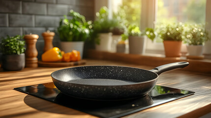 Empty frying pan on countertop, sunny kitchen