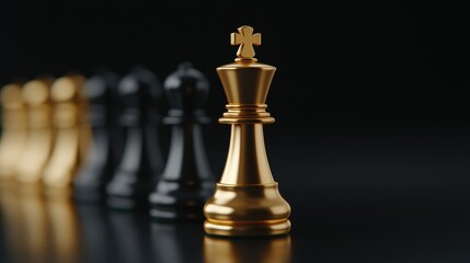 Golden chess king stands out among black chess pieces on table