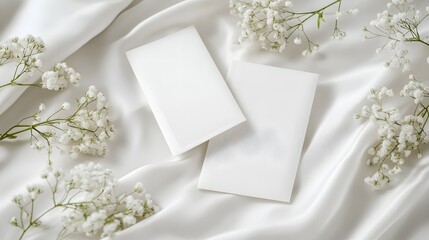 Two blank cards arranged on white silk fabric with delicate floral sprigs