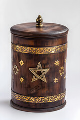 Rustic Wooden Tzedakah Box Embellished with Gold Accents - Symbol of Charitable Giving in Jewish Tradition