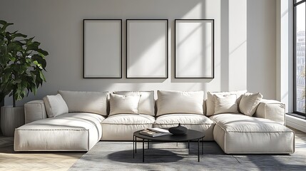 3 white picture frames hang on the wall of an apartment. In front of them, a large sofa with beige cushions and a black coffee table nearby. The interior design style is modern, 