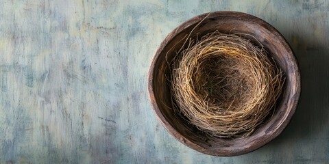 A rustic wooden bowl containing a delicate nest, set against a textured blue background, evoking a sense of nature and tranquility.