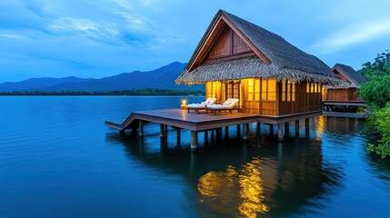 Obraz premium Serene Wooden Villa on Water with Warm Glow at Dusk