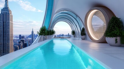 Obraz premium Modern Architectural Interior with Infinity Pool and City View