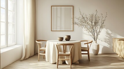 Light wooden frame mockup on a white wall in a dining room, with a beige table and chairs, a window with curtains, and a vase of willow branches.