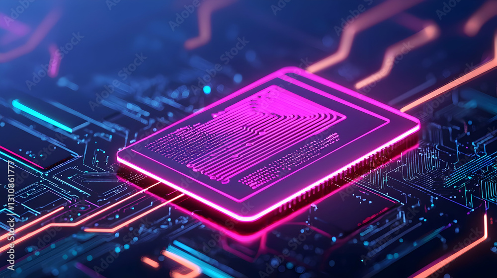 Poster futuristic digital microchip with neon circuit patterns and design