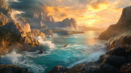Serene Coastal Landscape at Sunset with Dramatic Rocky Mountains