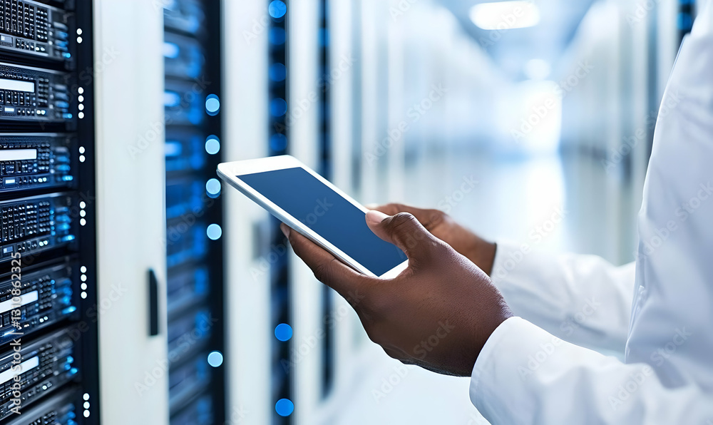Poster technician using tablet in data center with server racks in view