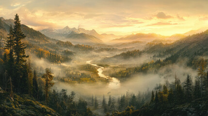 Obraz premium Serene Mountain Valley at Sunrise with Mist and River Flowing