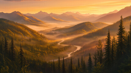 Serene Mountain Landscape with Misty Valleys at Sunrise