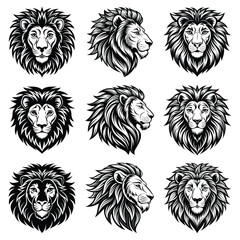 Fototapeta premium Lion head profile and front view illustrations with flowing mane silhouette isolated on white background