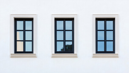 Modern windows on white wall, showcasing clean and minimalist design. black frames contrast beautifully with light exterior, creating stylish architectural feature