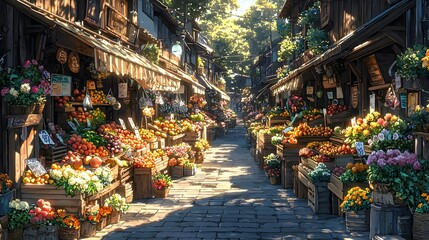 Fototapeta premium A sunlit alley shows a bustling market of fresh produce and flowers
