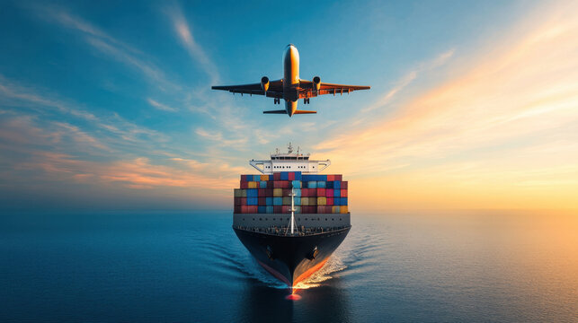 large container ship sailing on calm waters with airplane flying above against colorful sunset sky. scene captures essence of transportation and trade