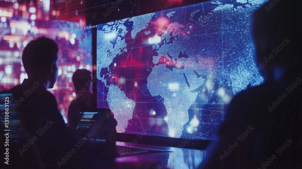 Poster programmers working in a dark room, analyzing global network data on a futuristic transparent screen