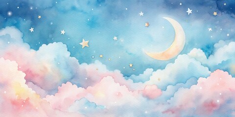 Fototapeta premium Pastel Dreamscape A Watercolor Night Sky with Crescent Moon and Soft Clouds