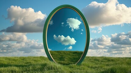 Reflection of Clouds in a Green Framed Mirror in Open Field