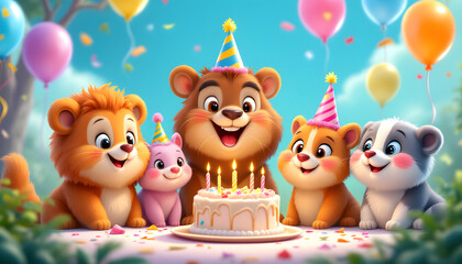 Fototapeta premium Adorable Animal Friends Celebrate Birthday. Four cartoon animals, a lion, bear, and two other small furry creatures, wear party hats and gather around a birthday cake