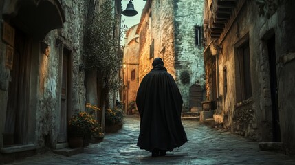 Naklejka premium Mysterious Figure in an Ancient European Alley