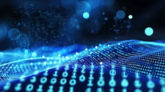 Futuristic Digital Data Waves Binary Code and Glowing Blue Particles in Technology and Abstract Innovation for Enhanced Data Processing and Transformation