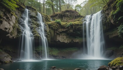 Fototapeta premium Serene Waterfall Cascading Over Mossy Rocks in Lush Green Forest
