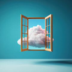 big open vintage window floating in sky, revealing fluffy cloud. This surreal scene evokes sense of wonder and imagination