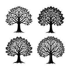 Set of ornamental trees silhouette isolated on white background