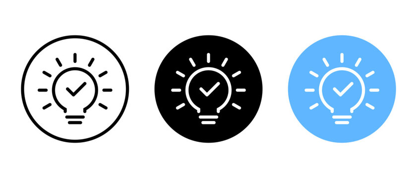 Light bulb with checkmark icon on circle background. Quick tip sign symbol