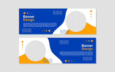 Contains two blue and orange banner designs with placeholder text.