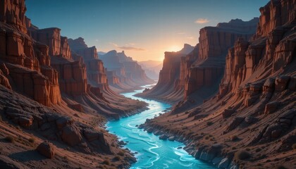 Serene River Flowing Through Majestic Canyon at Sunset Dramatic Landscape