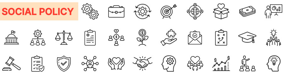 Social Policy & Governance Line Icon Bundle – Public Policy, Law, Justice & Community Welfare Icons