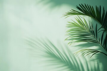 Obraz premium ethereal palm shadows dancing on mint green wall, creating a minimalist abstract composition perfect for product display, soft natural light casting delicate patterns