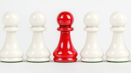 Red Pawn Chess Piece Surrounded by White Pawns on White Background