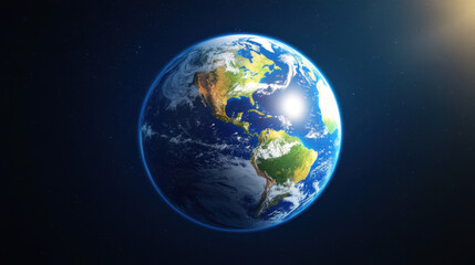brightly lit Earth, digitally represented in space, showcasing continents and oceans. vibrant colors highlight beauty of our planet