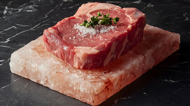 Artistic Presentation of A5 Wagyu Steak on Himalayan Salt Block with Herbs and Salt