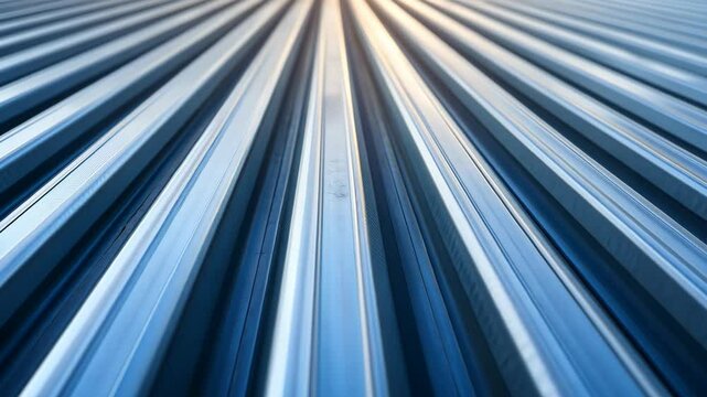Metallic surface with parallel lines reflecting sunlight taken in an industrial setting during late afternoon