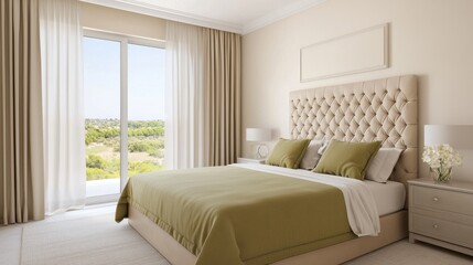Fototapeta premium Modern Bedroom Interior with Beige Tones and Scenic View