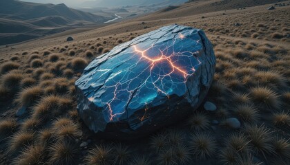 Glowing Energy Cracks in Dark Rock on Grassy Hilltop Landscape