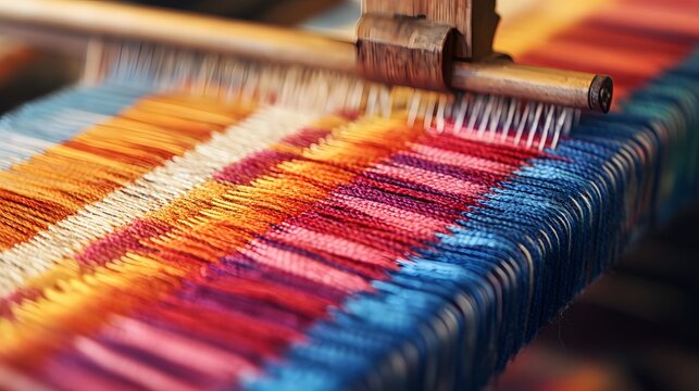 The Weaver's Craft: An intimate glimpse into the intricate process of weaving, showcasing vibrant threads interlacing on a traditional loom, an embodiment of artistry and skill.