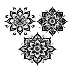 Black and white floral mandala illustrations silhouette isolated on white background