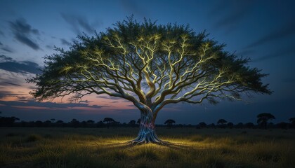 Fototapeta premium Majestic Illuminated Tree at Dusk in a Serene Meadow Landscape