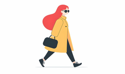 Stylish Woman in Yellow Coat and Sunglasses Walking Confidently