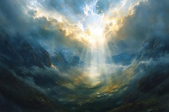 ethereal rays of brilliant white and gold light breaking through parting storm clouds, illuminating a mountain valley below with divine radiance, creating an atmosphere of spiritual awakening