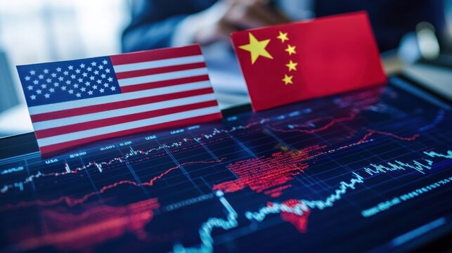 Business Meeting with Flags of USA and China Displayed on Table